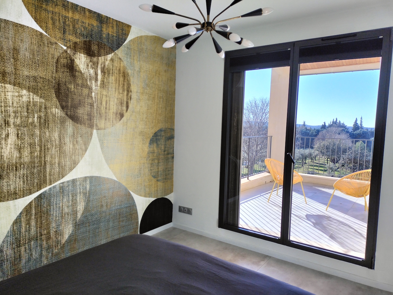 Master bedroom mural and balcony