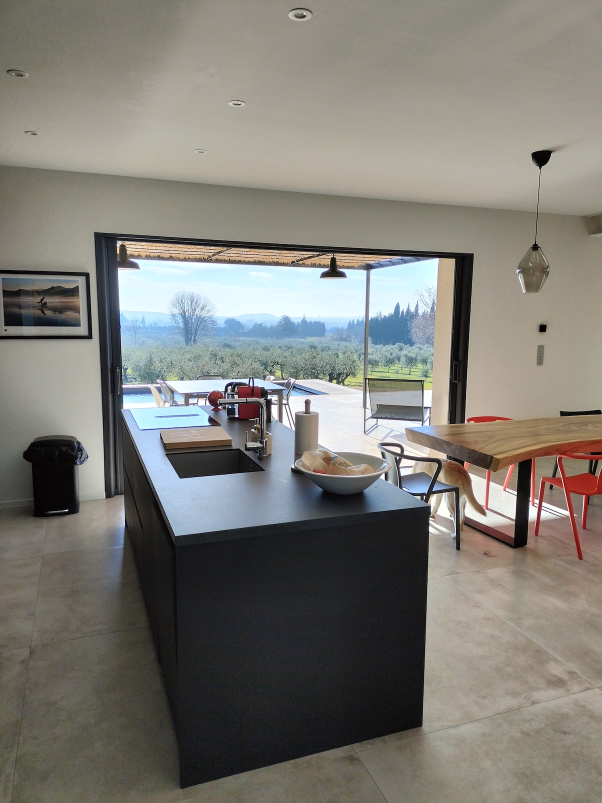 Kitchen island with pool view